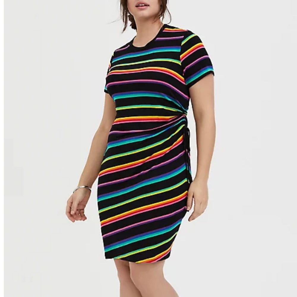 Like New Black & Rainbow Stripe Dress w Drawstring Side